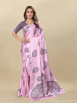 Pink Satin Saree With Unstitched Blouse Piece 1