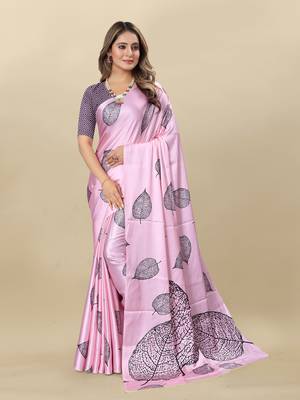 Pink Satin Saree With Unstitched Blouse Piece 3