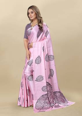 Pink Satin Saree With Unstitched Blouse Piece 4