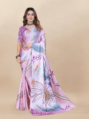 Purple Satin Saree With Unstitched Blouse Piece 1