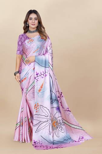 Purple Satin Saree With Unstitched Blouse Piece