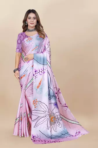 Purple Satin Saree With Unstitched Blouse Piece
