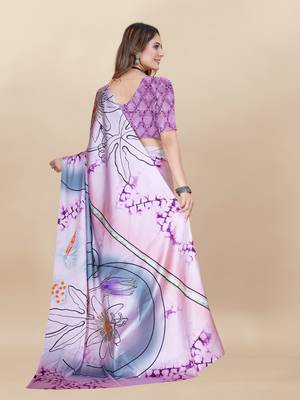 Purple Satin Saree With Unstitched Blouse Piece 2