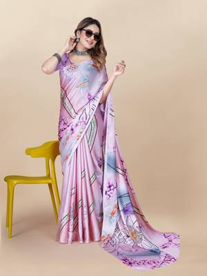 Purple Satin Saree With Unstitched Blouse Piece 3