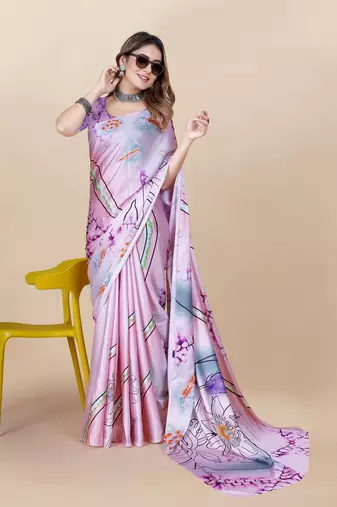 Purple Satin Saree With Unstitched Blouse Piece