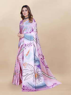 Purple Satin Saree With Unstitched Blouse Piece 4