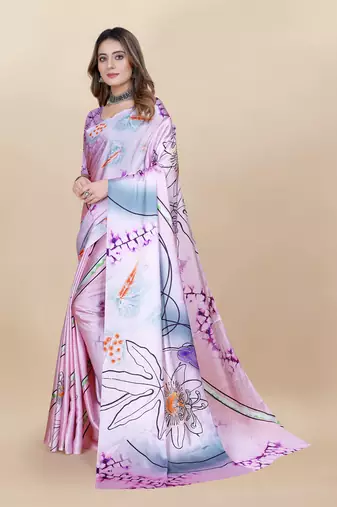 Purple Satin Saree With Unstitched Blouse Piece