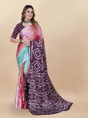 Wine Satin Saree With Unstitched Blouse Piece 1