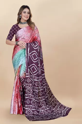 Wine Satin Saree With Unstitched Blouse Piece