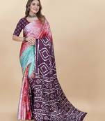 Wine Satin Saree With Unstitched Blouse Piece
