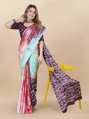 Wine Satin Saree With Unstitched Blouse Piece 3