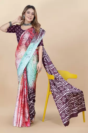 Wine Satin Saree With Unstitched Blouse Piece