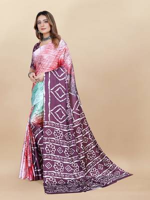Wine Satin Saree With Unstitched Blouse Piece 4