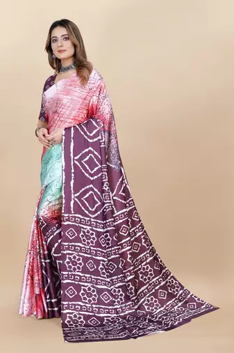 Wine Satin Saree With Unstitched Blouse Piece