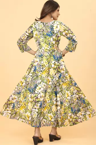Green Georgette Floral Print Party Wear Long Kurti