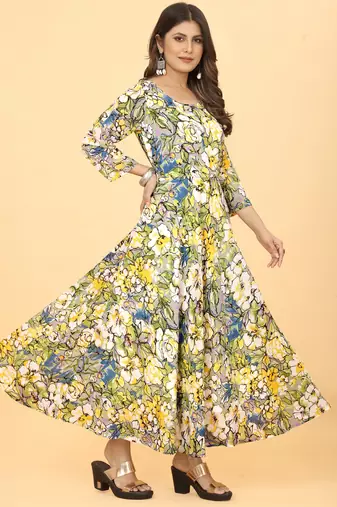 Green Georgette Floral Print Party Wear Long Kurti