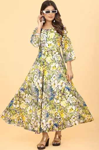 Green Georgette Floral Print Party Wear Long Kurti