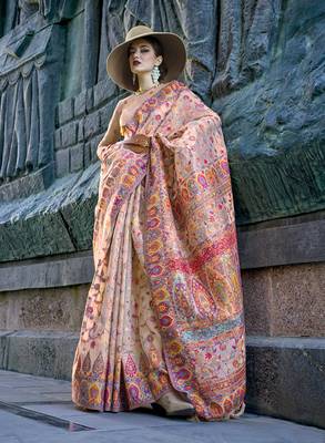 Beige Color Kashmiri Pashmina Organza Saree With Blouse 1