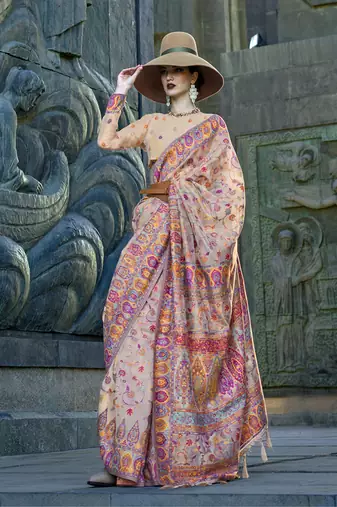 Beige Color Kashmiri Pashmina Organza Saree With Blouse