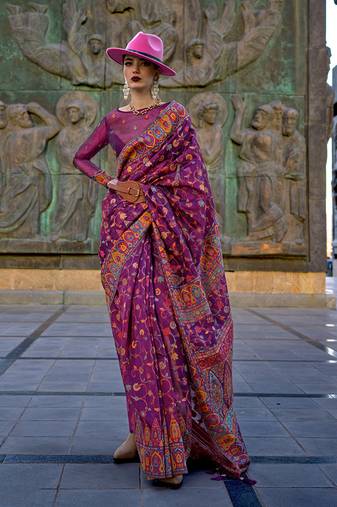 Dark Purple Color Kashmiri Organza Pashmina Silk Blend Saree With Blouse