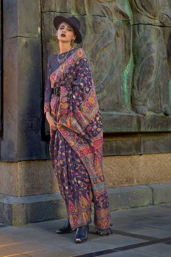 Navy Blue Color Kashmiri Organza Pashmina Silk Blend Saree With Blouse