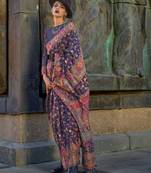 Navy Blue Color Kashmiri Organza Pashmina Silk Blend Saree With Blouse