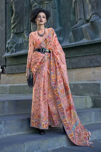 Peach Color Kashmiri Organza Pashmina Silk Blend Saree With Blouse
