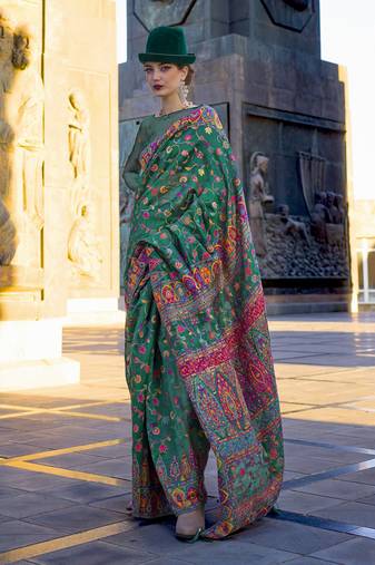 Green Color Kashmiri Organza Pashmina Silk Blend Saree With Blouse