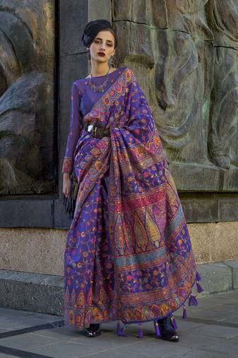 Violet Color Kashmiri Organza Pashmina Silk Blend Saree With Blouse