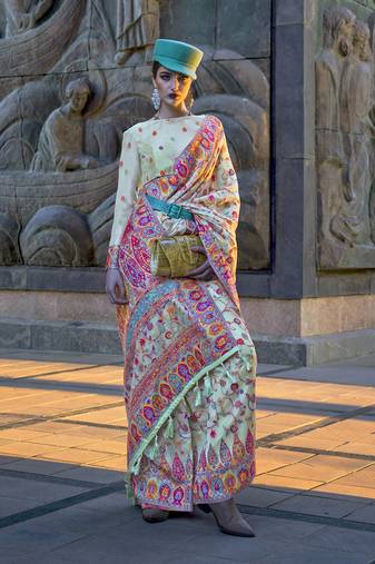 Light Cyan Color Kashmiri Organza Pashmina Silk Blend Saree With Blouse