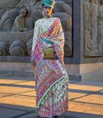 Light Cyan Color Kashmiri Organza Pashmina Silk Blend Saree With Blouse