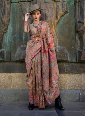Chikoo Color Kashmiri Organza Pashmina Silk Blend Saree With Blouse 1