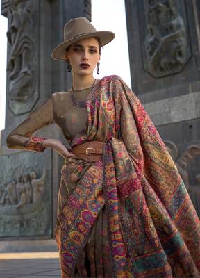 Chikoo Color Kashmiri Organza Pashmina Silk Blend Saree With Blouse 2