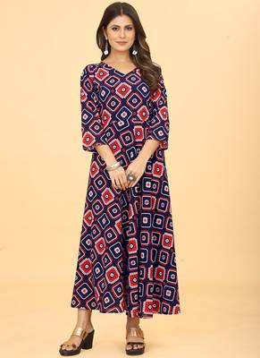 Navy Blue Georgette Geometric Print Party Wear Long Kurti 1