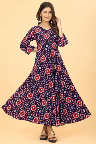 Navy Blue Georgette Geometric Print Party Wear Long Kurti