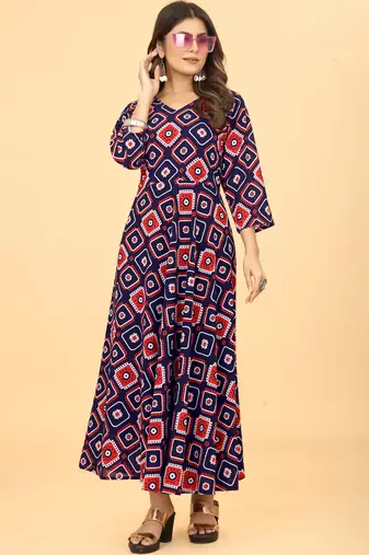 Navy Blue Georgette Geometric Print Party Wear Long Kurti