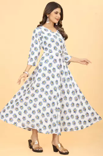 White Georgette Floral Print Party Wear Long Kurti