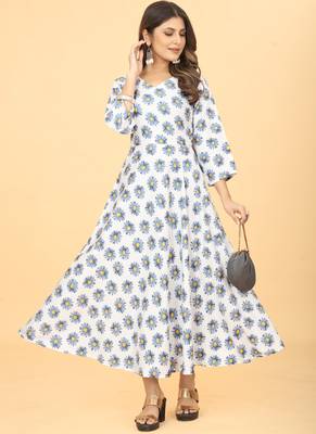 White Georgette Floral Print Party Wear Long Kurti 4