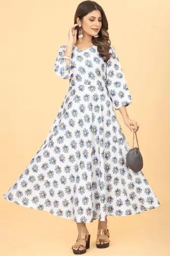 White Georgette Floral Print Party Wear Long Kurti