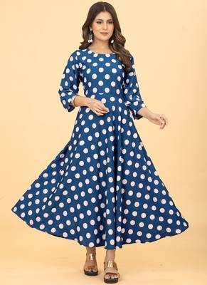 Royal Blue Georgette Polka Dot Print Party Wear Long Kurti 1