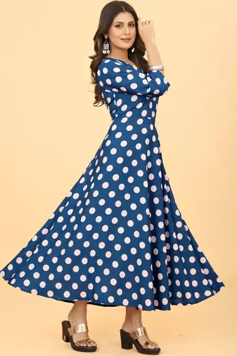Royal Blue Georgette Polka Dot Print Party Wear Long Kurti