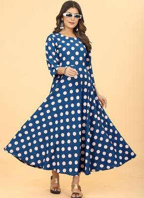 Royal Blue Georgette Polka Dot Print Party Wear Long Kurti 4