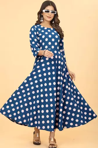 Royal Blue Georgette Polka Dot Print Party Wear Long Kurti