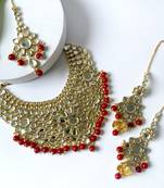 gold plated traditional handcrafted faux kundan & pearl bridal choker necklace jewellery set