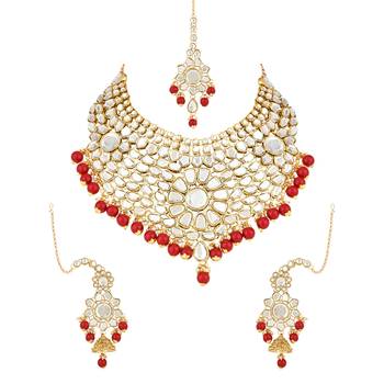 gold plated traditional handcrafted faux kundan & pearl bridal choker necklace jewellery set 2