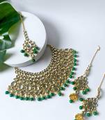 gold plated traditional handcrafted faux kundan & pearl bridal choker necklace jewellery set