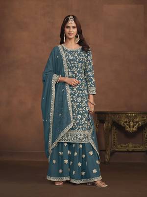 TEAL EMBROIDERED GEORGETTE PALAZO SALWAR KAMEEZ 1