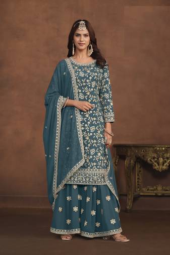 TEAL EMBROIDERED GEORGETTE PALAZO SALWAR KAMEEZ