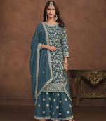 TEAL EMBROIDERED GEORGETTE PALAZO SALWAR KAMEEZ