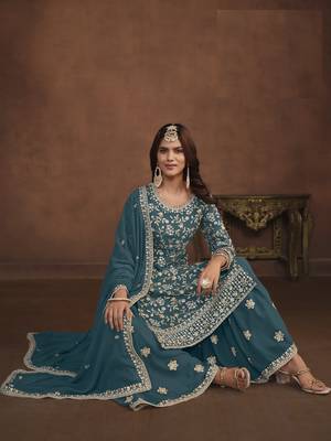 TEAL EMBROIDERED GEORGETTE PALAZO SALWAR KAMEEZ 2